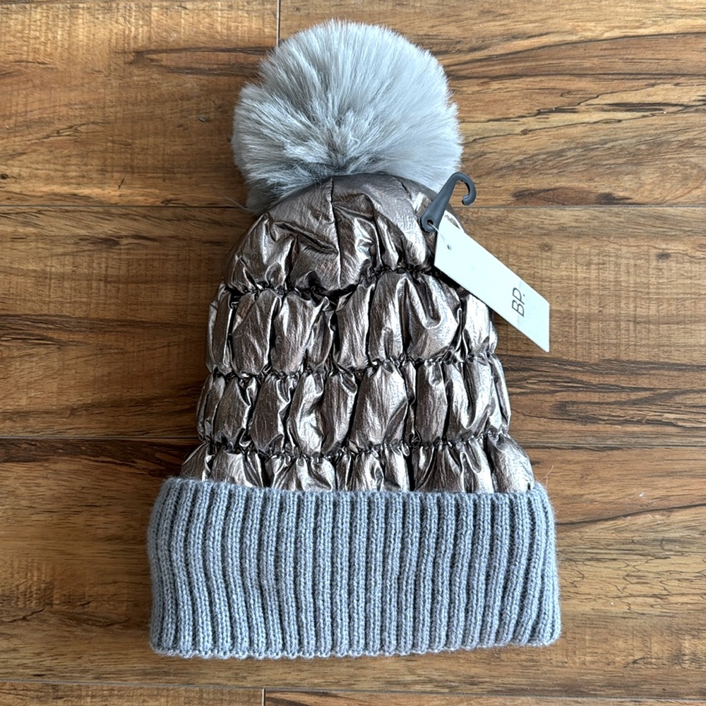 BP Grey Metallic Puffer Pom Beanie